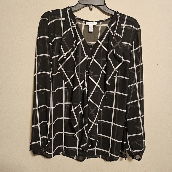 Charter Club Black and White Long Sleeve Sheer Button Up Blouse Large - Picture 1 of 8
